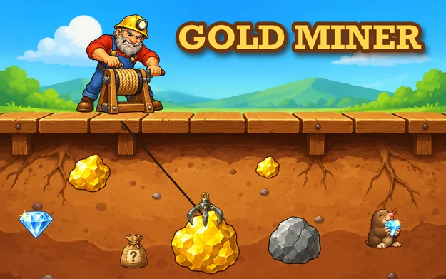 A cartoon Gold Miner prospector cranking his winch, the hook hauling a big gold nugget up through the dirt