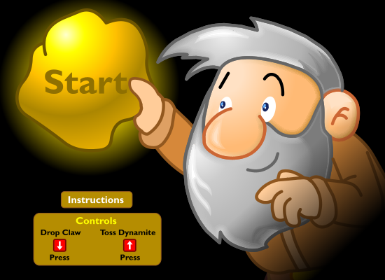 The original Gold Miner character pointing toward a glowing gold Start button