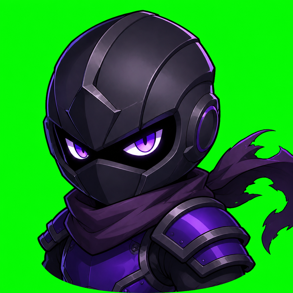 Kage, the shadow ninja: matte-black rounded helm, violet glow eyes, torn shadow scarf, and violet-plated armor