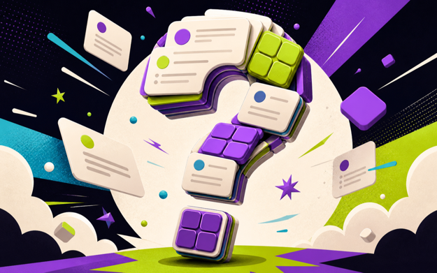 Bright lime and violet trivia cards arranged around a bold question mark