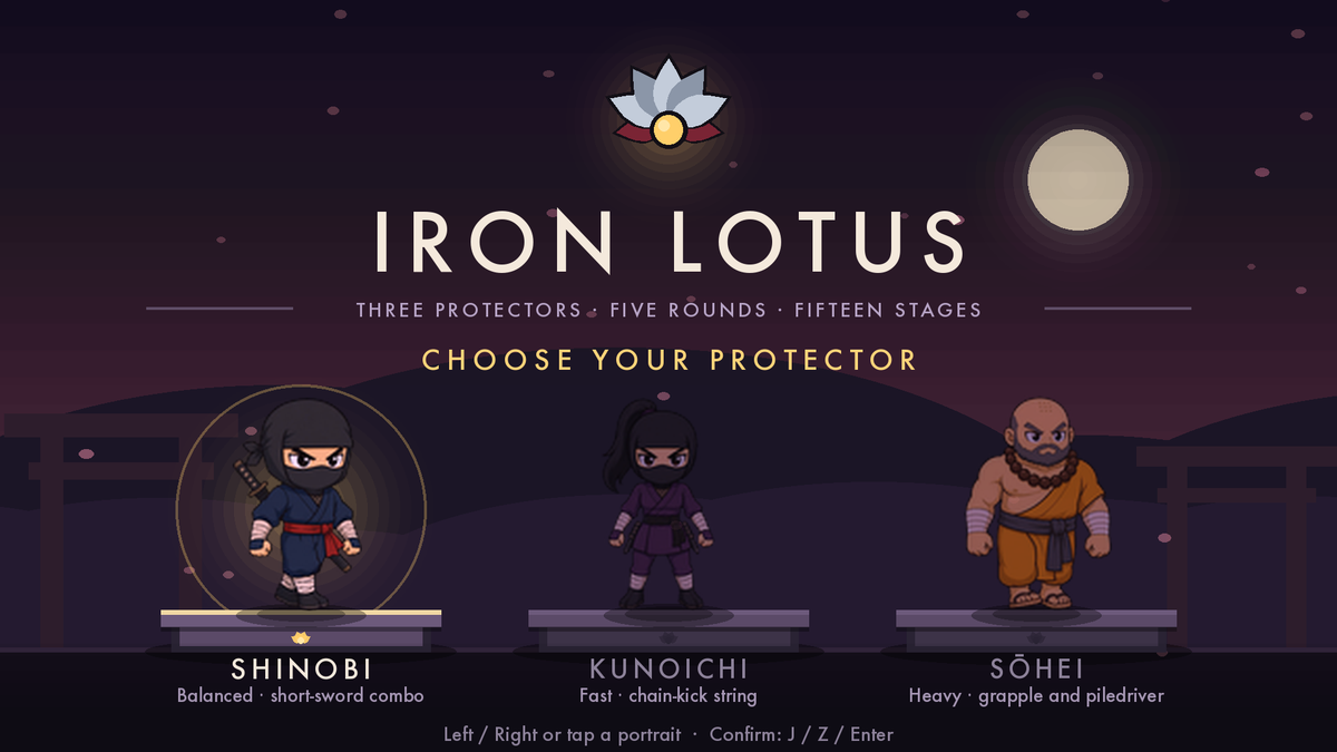 Iron Lotus title screen: the lotus emblem over a moonlit night sky, with the shinobi, kunoichi, and sōhei on stone daises