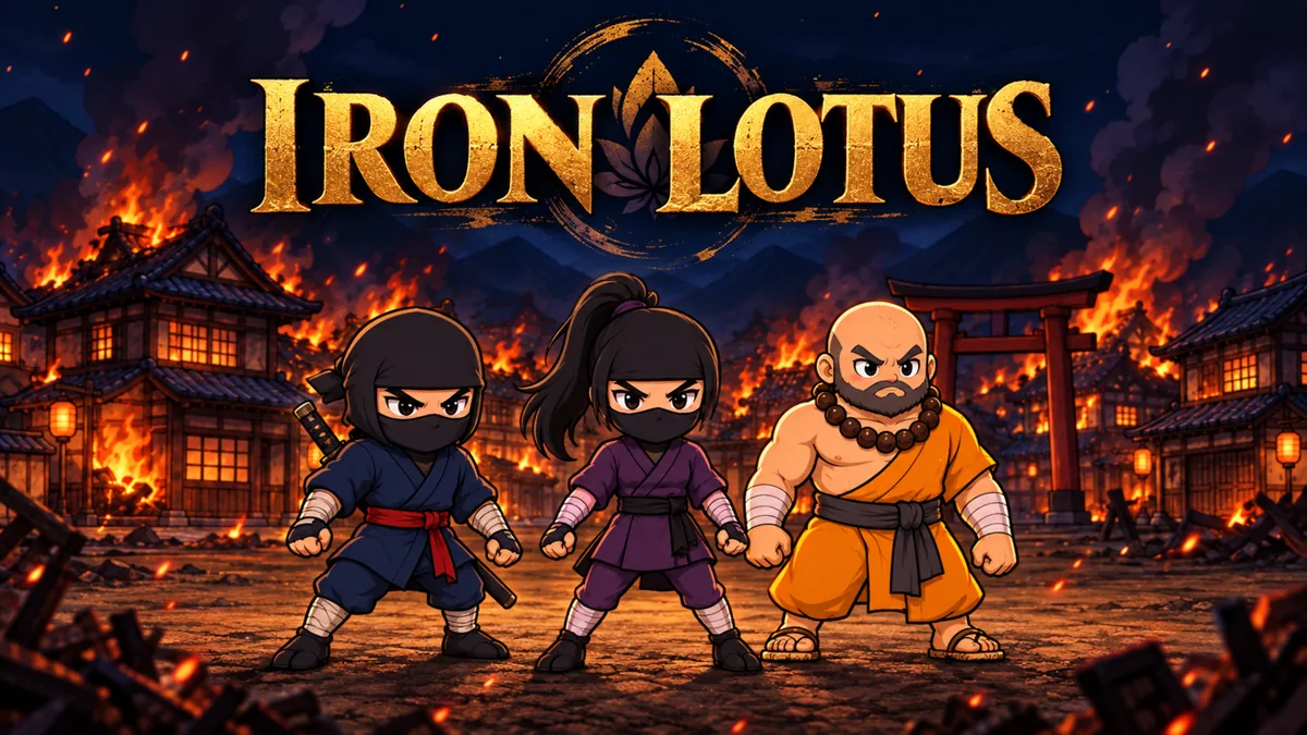Iron Lotus title screen: the lotus emblem over a moonlit night sky, with the shinobi, kunoichi, and sōhei on stone daises