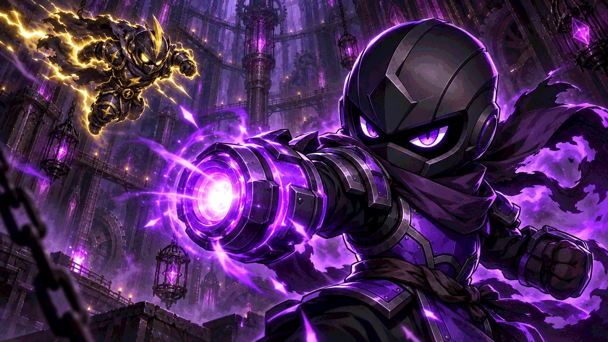 Kage in a matte-black rounded helm and violet-plated armor aims a glowing violet arm cannon through a fortress shaft as the Storm warden flies behind him