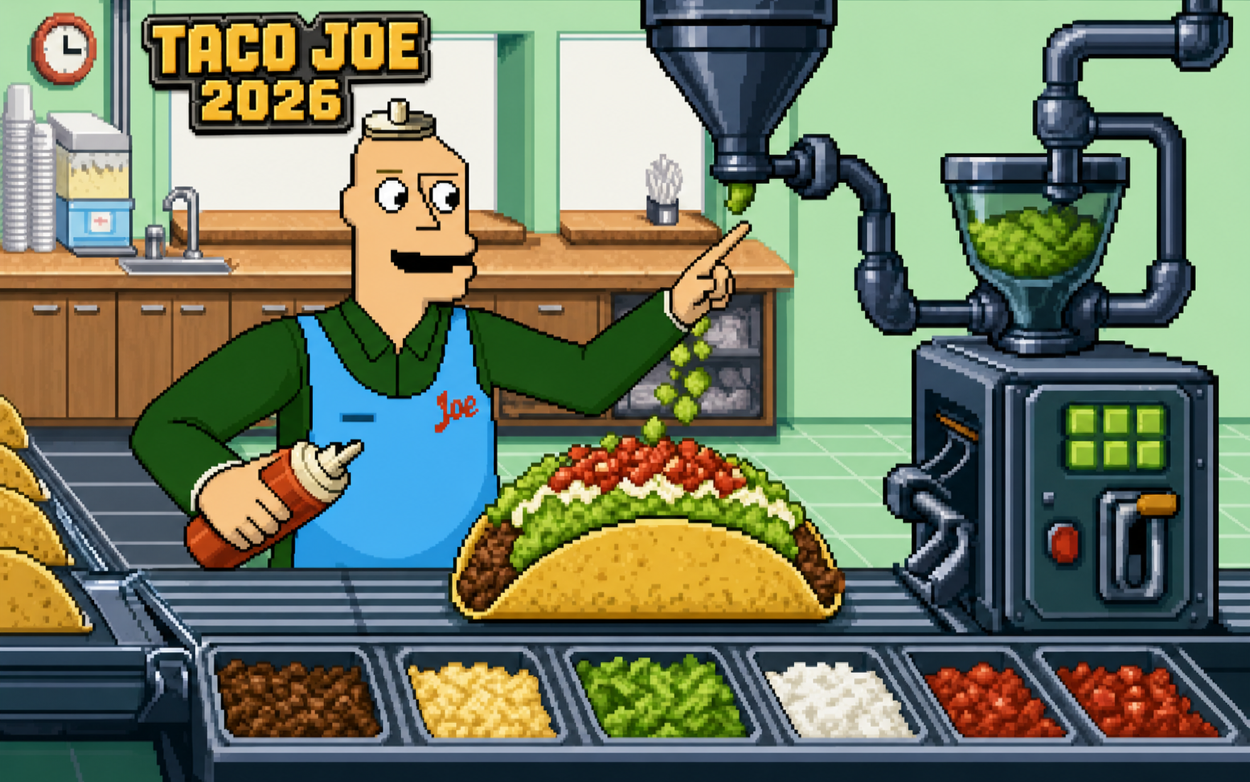 Cartoon taco shell being stacked with meat, cheese, lettuce, and salsa