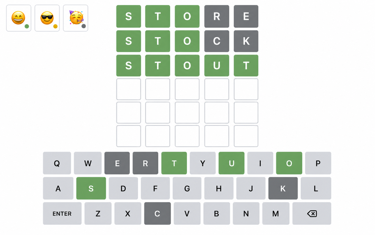 A five-letter puzzle board with green and yellow result tiles